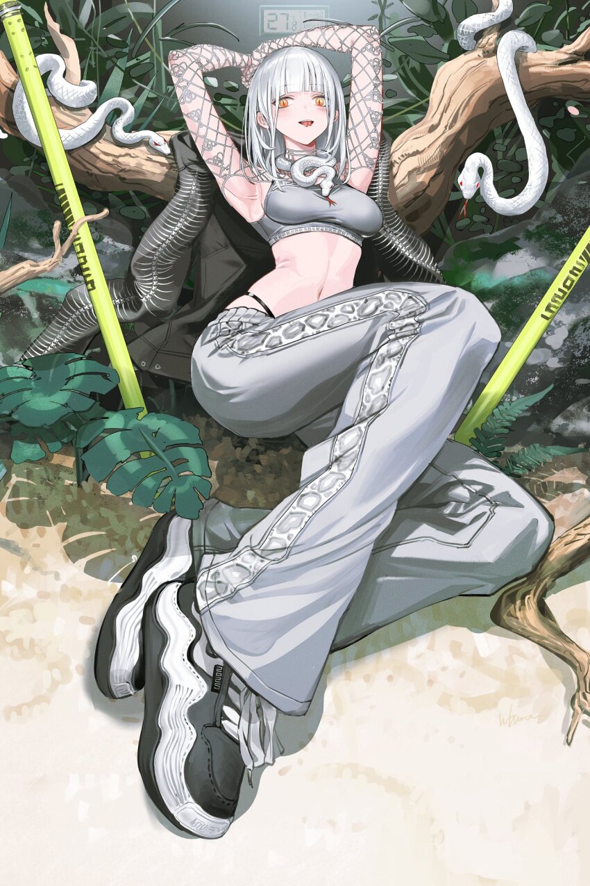 1girl arms_up blush forked_tongue highres hime_cut infukun long_hair midriff navel original pants shoes slit_pupils snake sneakers solo tongue white_hair yellow_eyes