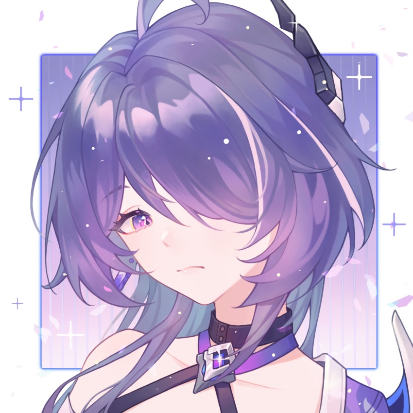 1girl acheron_(honkai:_star_rail) ahoge armor bandaged_arm bandages black_choker chinese_commentary choker closed_mouth collarbone commentary_request criss-cross_halter diamond-shaped_pupils diamond_(shape) earrings hair_intakes hair_ornament hair_over_one_eye halterneck highres honkai:_star_rail honkai_(series) jewelry long_hair multicolored_hair portrait purple_background purple_eyes purple_hair ruo_qi shoulder_armor single_bare_shoulder solo sparkle streaked_hair symbol-shaped_pupils two-tone_background white_background