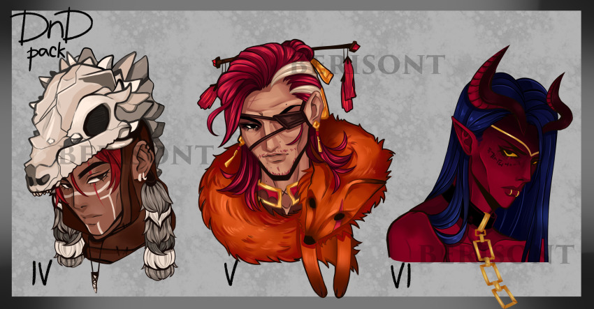 3boys absurdres adoptable berlsont colored_skin commission dark_skin demon dungeons_&amp;_dragons eyepatch facial_tattoo highres horns mask multiple_boys original piercing portrait red_hair red_skin scar scar_across_eye scar_on_face skull_mask tattoo warrior watermark
