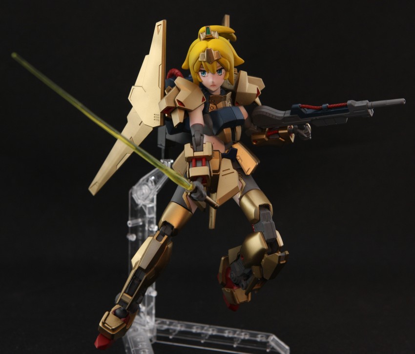 1girl absurdres beam_rifle energy_sword black_background blonde_hair blue_eyes commentary cosplay energy_gun english_commentary gun gundam gunpla hat_(thehatweaver) highres holding holding_gun holding_sword holding_weapon hoshino_char hyaku_shiki hyaku_shiki_(cosplay) mecha_musume model_kit model_kit_(medium) navel photo_(medium) ponytail solo sword tsunderia twisted_torso unconventional_media virtual_youtuber weapon zeta_gundam