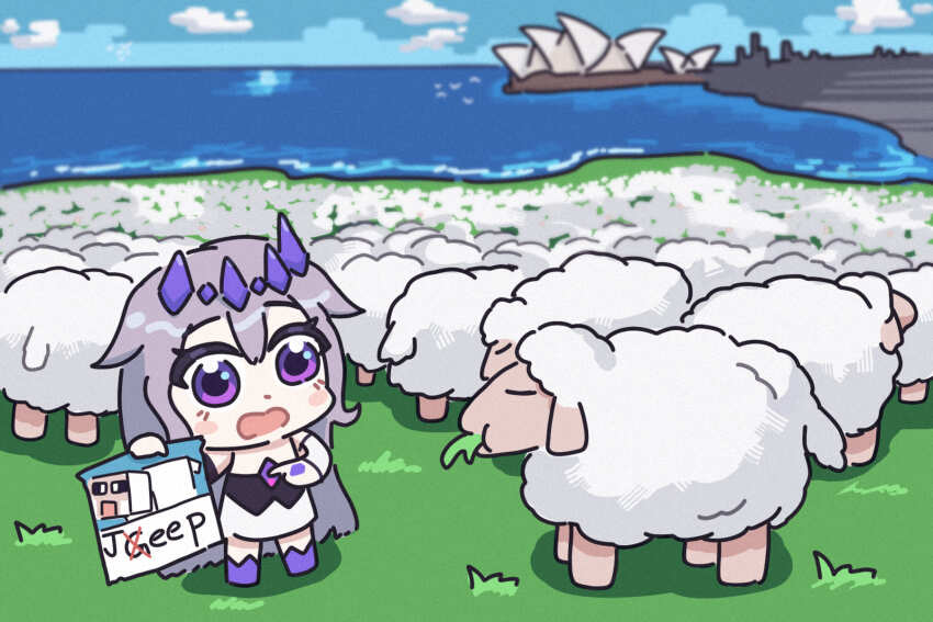 1girl australia bing_huyue blush_stickers chest_jewel chibi circlet eating gem gem_hair_ornament hair_flaps hand_jewel highres hololive hololive_english koseki_bijou long_hair minecraft ocean open_mouth poster_(object) purple_eyes purple_footwear purple_gemstone purple_hair sheep sheep_(minecraft) sky sydney_opera_house virtual_youtuber