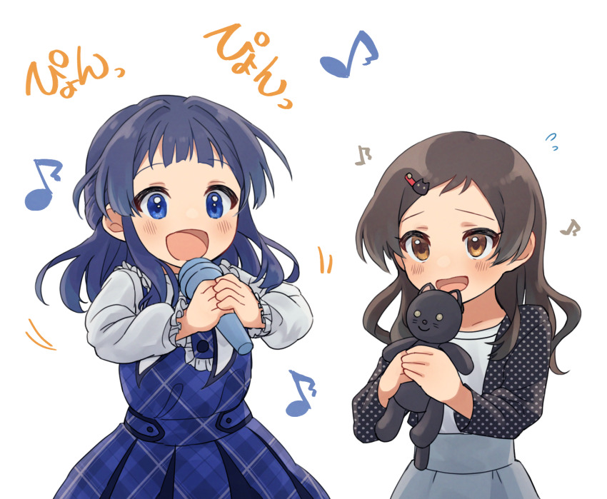 2girls aged_down black_cardigan blue_dress blue_eyes blue_hair blush brown_eyes brown_hair cardigan cat_hair_ornament checkered_clothes checkered_dress child commission dress flying_sweatdrops frilled_sleeves frills grey_skirt hair_ornament hairclip happy highres holding holding_microphone holding_stuffed_toy idolmaster idolmaster_million_live! kitazawa_shiho konnyaku_kyuudai long_sleeves medium_hair microphone mogami_shizuka multiple_girls music musical_note open_mouth pixiv_commission polka_dot_cardigan shirt shy sidelocks singing skirt smile stuffed_animal stuffed_cat stuffed_toy upper_body white_background white_shirt