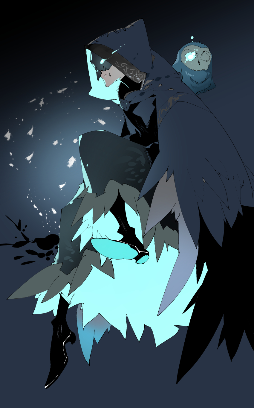 1boy absurdres animal bird blue_cloak blue_eyes cloak folded_fan copyright_request eli_clark facial_mark feather_trim folding_fan glowing glowing_eye hand_fan highres hood hood_up kukicha male_focus mask owl solo