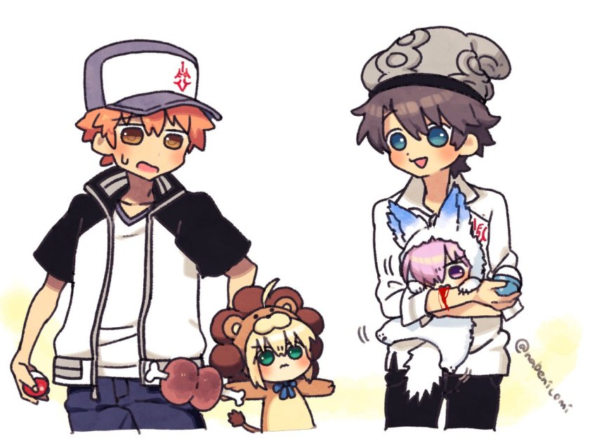 2boys 2girls animal_costume artoria_pendragon_(fate) baseball_cap beanie biting blood blue_bow boned_meat bow cable_knit capsule_servant chibi cosplay emiya_shirou fate/grand_order fate/stay_night fate_(series) food fou_(fate) fou_(fate)_(cosplay) fujimaru_ritsuka_(male) gashapon green_eyes grey_headwear hair_over_one_eye hat jacket kigurumi light_purple_hair lion_costume mash_kyrielight meat multiple_boys multiple_girls nabenko nintendo open_clothes open_jacket orange_hair pokemon raglan_sleeves saber_lion shirt short_sleeves white_shirt