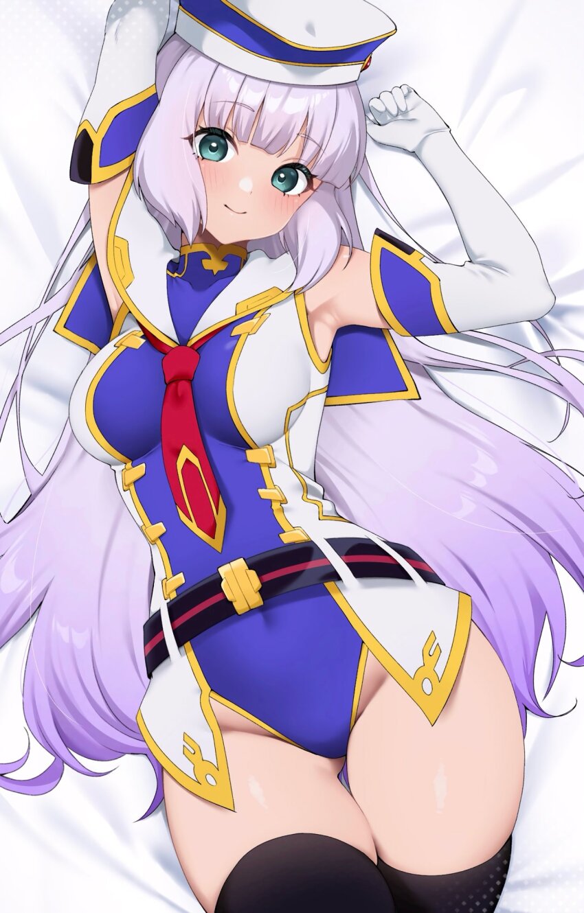 1girl aqua_eyes armpits arms_up bare_shoulders bed_sheet black_thighhighs blue_leotard blush campbell_xx closed_mouth commentary_request covered_navel cowboy_shot elbow_gloves gloves gradient_hair gundam gundam_exa highres leotard long_hair looking_at_viewer lying multicolored_hair necktie on_back on_bed purple_hair red_necktie sailor_collar smile solo sthesia_awar thighhighs white_gloves white_sailor_collar yellow_trim