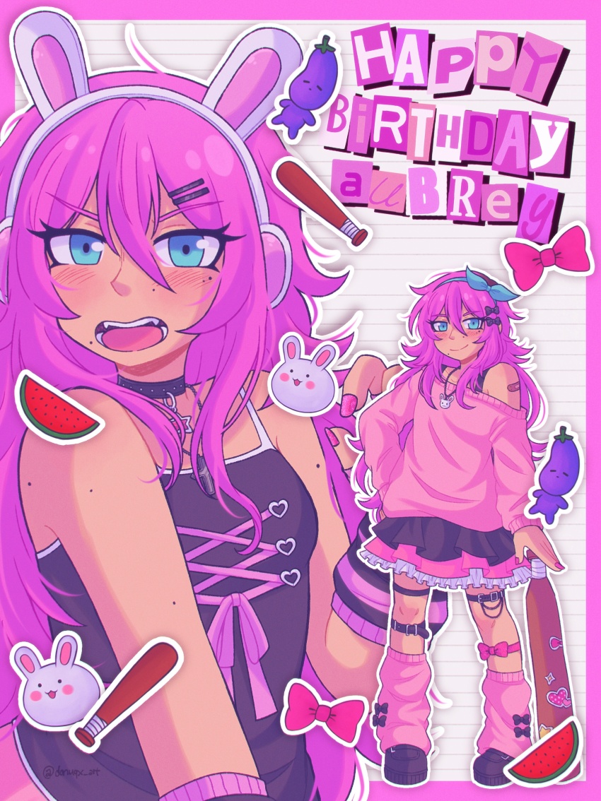 1girl absurdres alternate_costume animal_ear_headphones animal_ears aubrey_(faraway)_(omori) aubrey_(omori) bandaid bandaid_on_arm baseball_bat black_choker black_shoes blue_eyes blue_hairband blush character_name choker closed_mouth donuqx fake_animal_ears forest_bunny_(omori) hair_ornament hairband hairclip happy_birthday headphones highres holding holding_baseball_bat leg_warmers long_hair looking_at_viewer mole mole_under_eye mr._plantegg_(omori) omori open_mouth pink_hair pink_leg_warmers pink_nails rabbit_ear_headphones shoes solo teeth tongue
