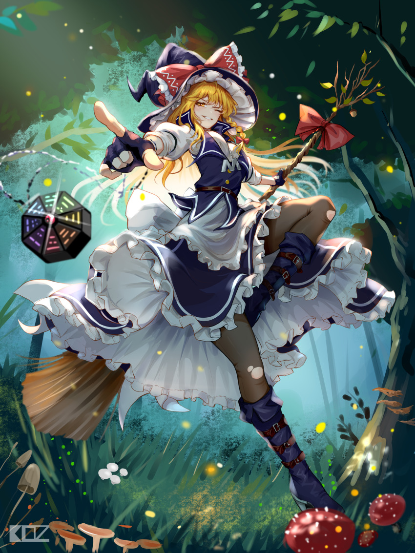 1girl absurdres apron belt black_thighhighs blonde_hair blue_boots blue_gloves blue_hat blue_skirt blue_vest boots bow braid breasts broom broom_ribbon brown_belt commentary dated_commentary edz_drawz english_commentary fingerless_gloves forest frilled_bow frilled_hat frilled_skirt frills full_body gloves grin hair_ribbon hat hat_bow high_heel_boots high_heels highres holding holding_broom kirisame_marisa leg_up long_hair medium_breasts mini-hakkero mushroom nature one_eye_closed parted_lips red_bow red_ribbon ribbon shirt signature single_braid skirt skirt_set smile solo standing standing_on_one_leg thighhighs three-quarter_sleeves torn_clothes torn_thighhighs touhou vest waist_apron white_apron white_shirt witch_hat yellow_eyes