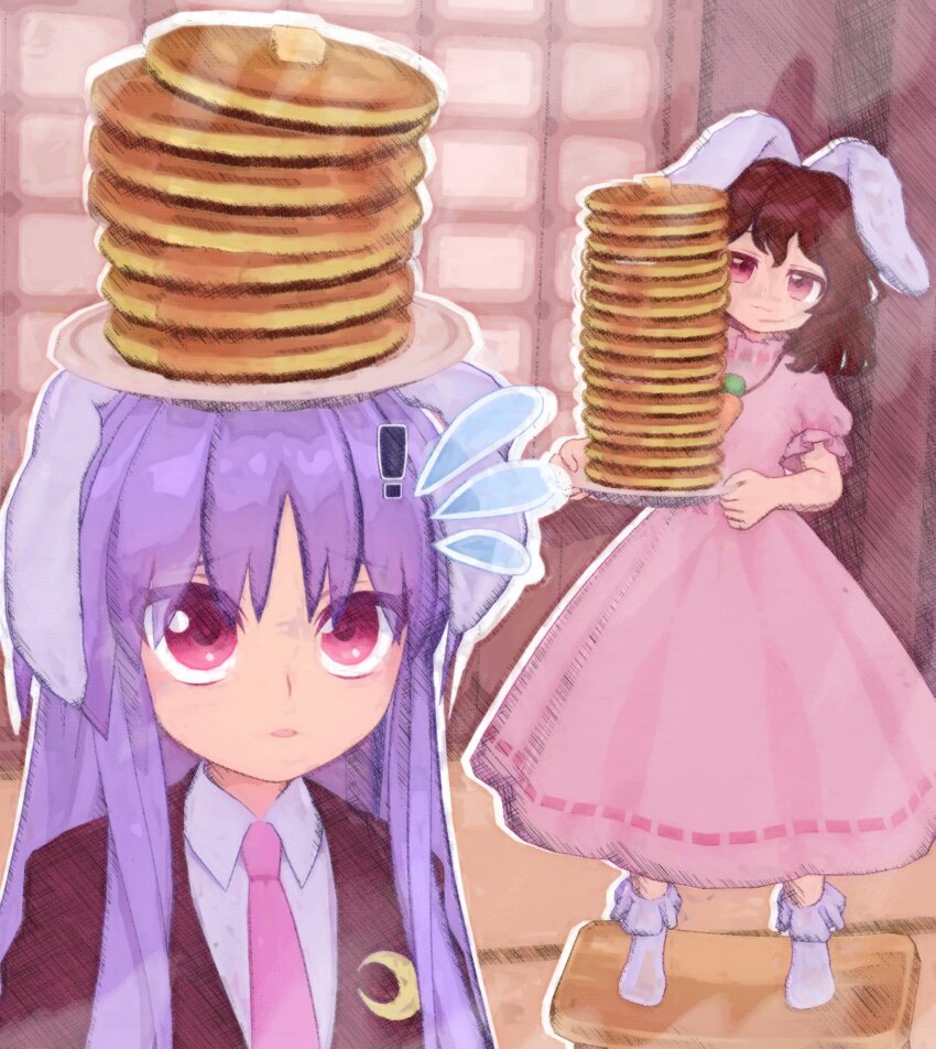 ! 2girls animal_ears ankle_socks black_jacket bob_cut brown_hair butter carrot_necklace closed_mouth collared_shirt commentary crescent crescent_pin dress dress_shirt floppy_ears flying_sweatdrops food food_on_head footstool frilled_socks frills hair_over_shoulder hashtag-only_commentary hatching_(texture) highres holding holding_food holding_plate inaba_tewi indoors jacket jewelry long_dress long_hair long_sleeves looking_at_another looking_up multiple_girls necklace necktie nervous nervous_sweating no_shoes object_on_head on_stool outline pancake pancake_stack parted_lips pendant pink_dress pink_necktie plate plate_on_head puffy_short_sleeves puffy_sleeves purple_hair rabbit_ears rabbit_girl raised_eyebrows red_eyes reisen_udongein_inaba ribbon-trimmed_dress ribbon_trim school_uniform serving shirt short_hair short_sleeves shouji sliding_doors socks stack standing surprised sweat symbol-only_commentary tatami touhou upturned_eyes wavy_hair white_outline white_shirt white_socks wrench_(superwrenching)