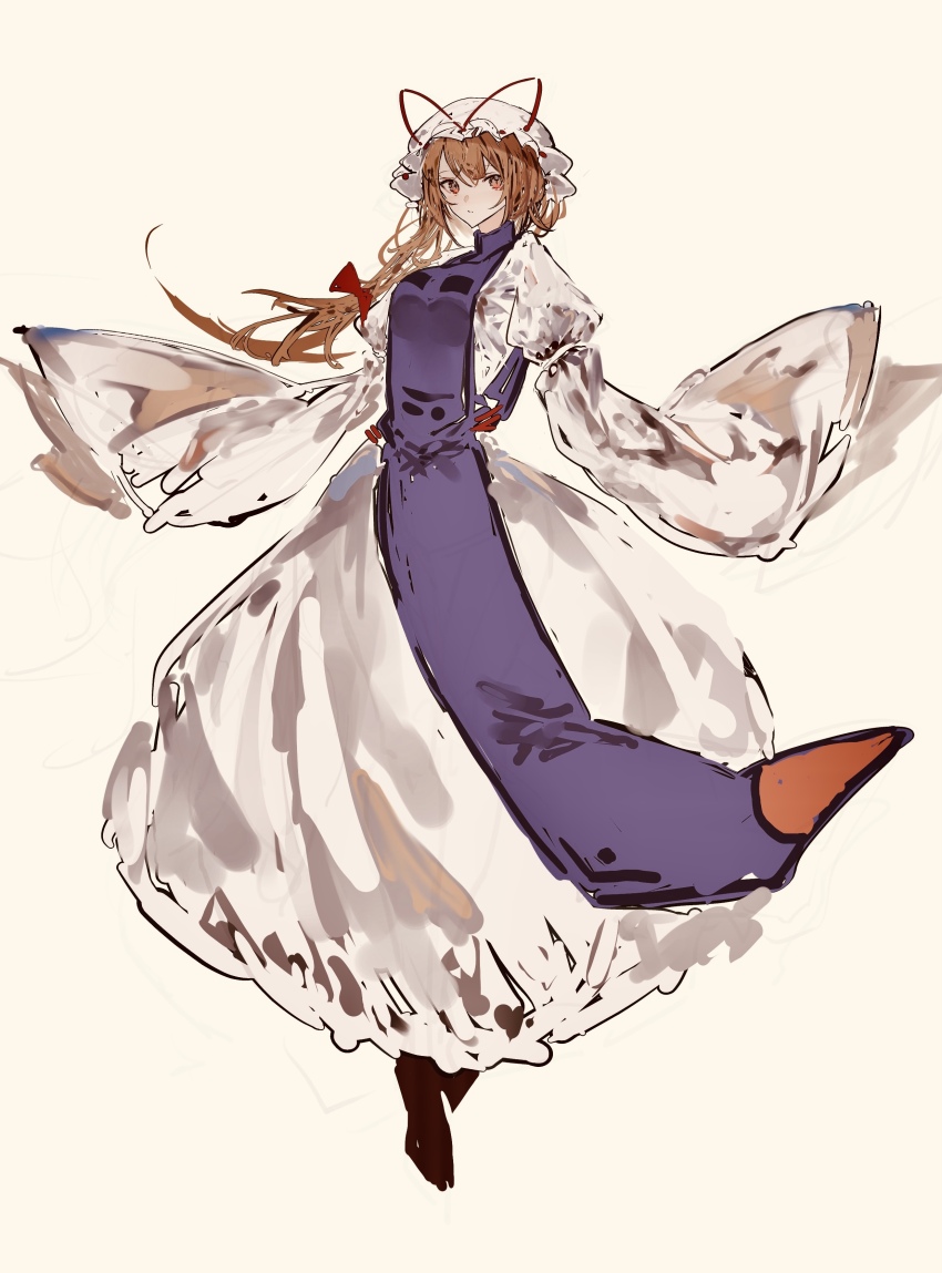 1girl absurdres blonde_hair bow collared_dress commentary dress frilled_hat frills hair_bow hair_ribbon hat highres long_dress long_hair long_sleeves mob_cap po_(anhk5528) purple_tabard red_bow red_ribbon ribbon solo tabard touhou white_dress white_hat wide_sleeves yakumo_yukari yellow_eyes