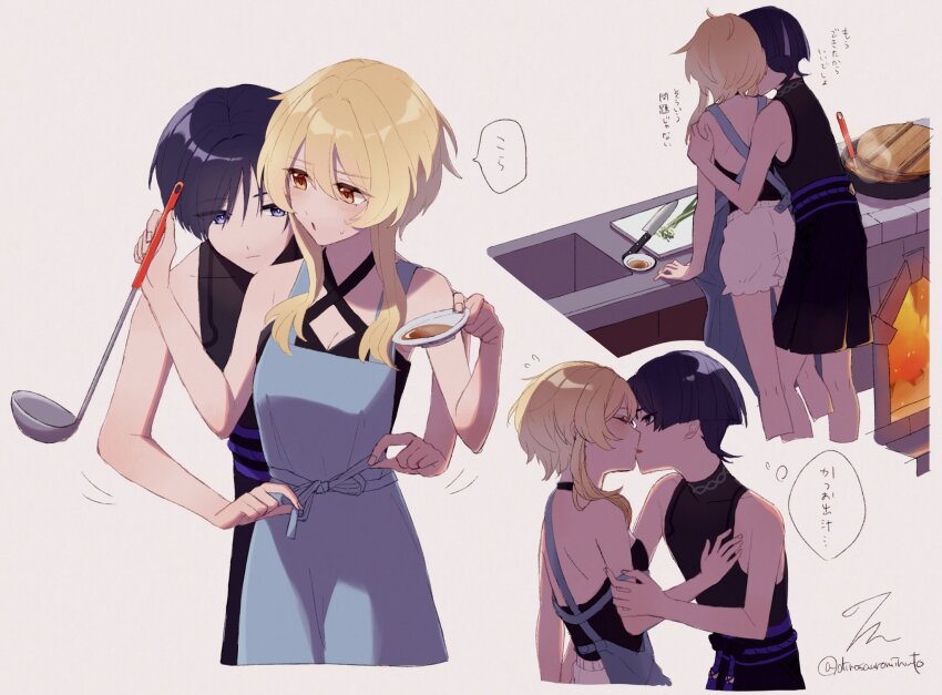 1boy 1girl alternate_costume apron arm_around_back bare_shoulders black_bow black_shorts black_undershirt blonde_hair bloomers blue_apron blush bow breasts cleavage closed_eyes collarbone cooking couple criss-cross_halter cutting_board dinosaurominuto double-parted_bangs face-to-face fire fire_pit flirting food from_behind from_side front-to-back genshin_impact grabbing_another&#039;s_arm green_eyes hair_between_eyes hair_intakes hakama hakama_shorts halterneck hand_on_another&#039;s_chest hand_on_another&#039;s_shoulder hands_up head_on_another&#039;s_shoulder hetero highres holding holding_ladle holding_plate imminent_kiss japanese_clothes knot ladle leaning_forward leaning_on_person leg_between_thighs looking_at_another looking_back lumine_(genshin_impact) multicolored_hair multiple_views open_mouth parted_lips plate purple_hair scaramouche_(genshin_impact) short_hair short_hair_with_long_locks shorts shoulder_blades side-by-side sidelocks sink soup standing streaked_hair sweatdrop tassel tasting_plate translation_request tying_apron undershirt underwear wanderer_(genshin_impact) white_bloomers