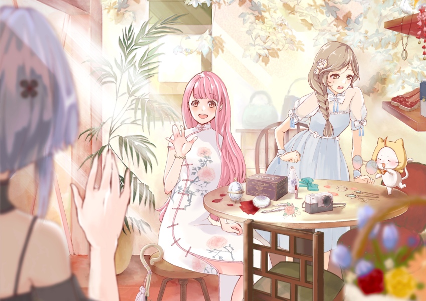 &gt;_&lt; 3girls absurdres ahoge annoyed bead_necklace beads black_collar black_dress black_sleeves blue-tinted_eyewear blue_collar blue_dress blue_wrist_cuffs blunt_bangs bob_cut bow bowtie braid brown_eyes brown_hair camera china_dress chinese_clothes cloak collar collared_dress compact_(cosmetics) cosmetics day detached_collar detached_sleeves dot_nose dress eagl ear_covers eyelashes feet_out_of_frame fingernails floral_print flower frilled_dress frilled_wrist_cuffs frills from_behind gradient-tinted_eyewear grey_hair hair_flower hair_ornament hair_over_shoulder happy high_collar highres holding holding_removed_eyewear hood hood_up hooded_cloak indoors jewelry joy_(shining_nikki) light_blush light_rays lipstick_tube long_dress long_hair looking_at_animal mandarin_collar medium_dress momo_(nikki) multiple_girls necklace nikki_(nikki) nikki_(series) nostalgic_dreams_(shining_nikki) open_mouth outdoors pink-tinted_eyewear pink_hair plant pleated_dress potted_plant print_dress puffy_short_sleeves puffy_sleeves red_bow red_bowtie red_flower red_rose rose round_eyewear see-through_clothes see-through_sleeves shelf shining_nikki shirt shirt_under_dress short_hair_with_long_locks short_sleeves side_slit sidelocks single_braid sleeve_bow sleeveless sleeveless_dress smile strapless strapless_dress sunglasses sunlight table tareme teeth tinted_eyewear traditional_bowtie unworn_eyewear upper_body upper_teeth_only very_long_hair waving wavy_hair white_bow white_bowtie white_dress white_flower white_rose white_shirt wrist_cuffs yellow_cloak yellow_flower yellow_rose yexiao_(shining_nikki)