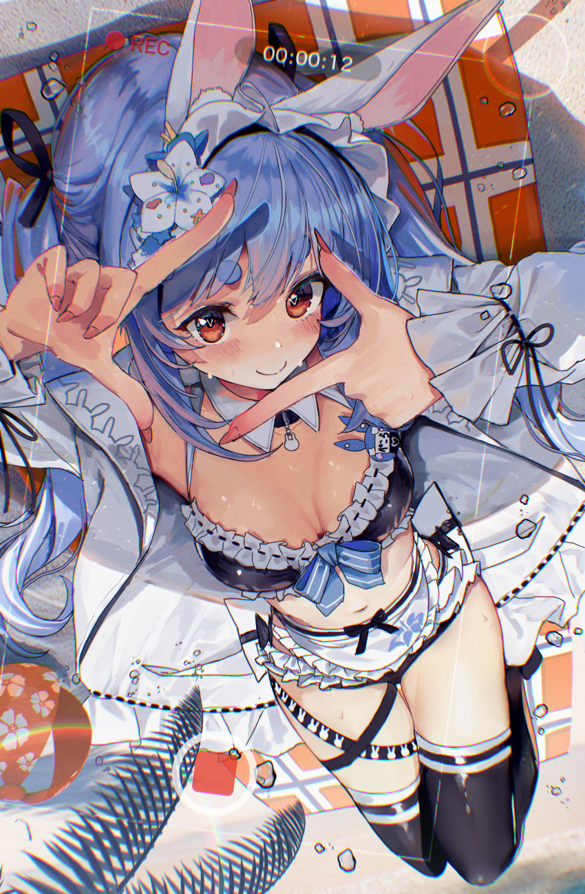1girl absurdres animal_ears apron bikini black_bikini black_thighhighs blue_hair breasts cleavage closed_mouth day detached_collar finger_frame fingernails frilled_apron frilled_bikini frills from_above front-tie_bikini_top front-tie_top haruhina_purple highres hololive holonatsu_paradise jacket long_fingernails long_hair looking_at_viewer lying maid maid_bikini maid_headdress multicolored_hair navel official_alternate_costume official_alternate_hairstyle on_back open_clothes open_jacket orange_eyes outdoors rabbit_ears rabbit_girl recording short_eyebrows small_breasts smile solo stomach swept_bangs swimsuit thick_eyebrows thigh_strap thighhighs twintails two-tone_hair unconventional_maid usada_pekora usada_pekora_(holonatsu_paradise) viewfinder virtual_youtuber waist_apron white_apron white_hair white_jacket