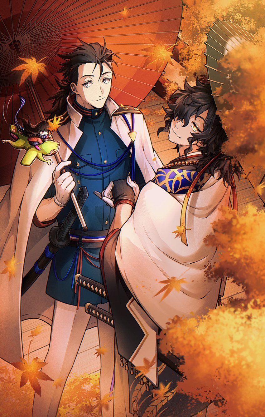 1girl 2boys autumn autumn_leaves bead_necklace beads black_gloves black_hair black_kimono black_skirt blue_jacket bridge chibi commentary facial_hair falling_leaves fate/grand_order fate_(series) feet_out_of_frame frog from_behind gloves grey_eyes hair_over_one_eye hair_slicked_back hair_strand highres holding holding_hands holding_leaf holding_umbrella honi_(ohohoni) jacket jacket_on_shoulders japanese_clothes jewelry katana kimono leaf long_hair looking_at_viewer looking_back low_ponytail male_focus mini_person minigirl multiple_boys necklace oil-paper_umbrella okada_izou_(fate) okada_izou_(festival_outfit)_(fate) oryou_(fate) oryou_(lancer)_(fate) pants pantyhose pink_pantyhose ponytail print_kimono red_eyes red_jacket riding sakamoto_ryouma_(fate) sakamoto_ryouma_(lancer)_(fate) scarf shawl sheath sheathed skirt smile striped_clothes striped_scarf stubble sword symbol-only_commentary umbrella weapon white_gloves white_jacket white_pants wooden_bridge yellow_eyes