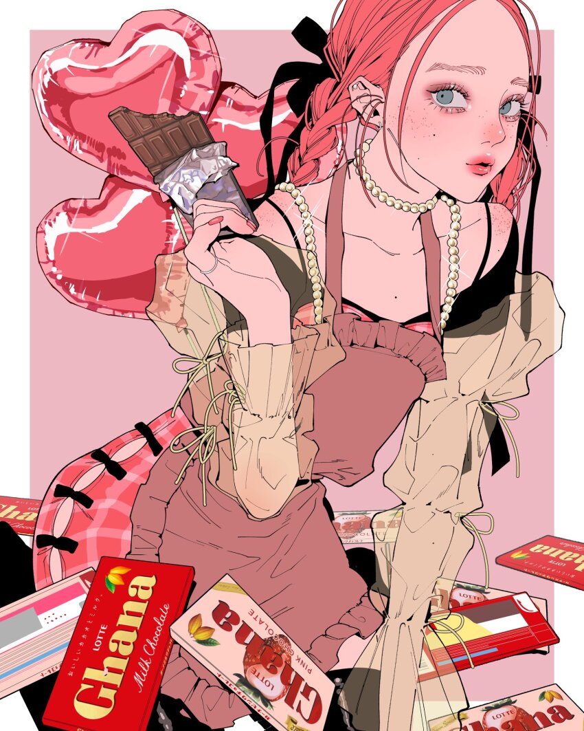 1girl apron balloon blue_eyes bra braid candy chocolate chocolate_bar collarbone earrings food freckles hair_ribbon heart heart_balloon highres holding holding_food jewelry long_hair long_sleeves looking_at_viewer lotte_(company) lotte_(shuumatsu_no_izetta) mole nakaki_pantz necklace piercing pink_background pink_hair red_hair ribbon ring solo twin_braids underwear valentine