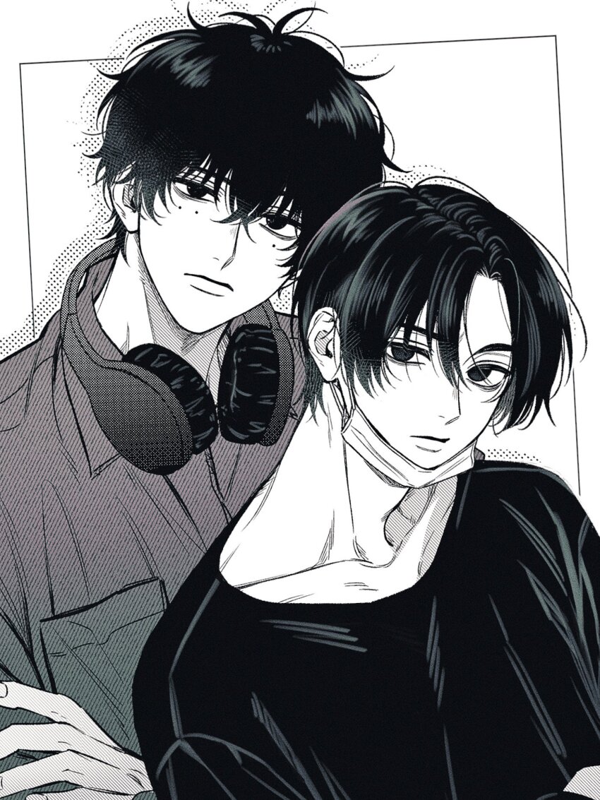 2boys brothers closed_mouth collarbone collared_shirt crossed_bangs curly_hair expressionless greyscale hair_between_eyes hatching_(texture) head_tilt headphones headphones_around_neck height_difference highres jitome kuroiisana light_frown looking_at_viewer lower_lip_only male_focus mask mask_pull mole mole_under_eye monochrome mouth_mask multiple_boys multiple_moles half-closed_eye parted_bangs sakamoto_days seba_mafuyu seba_natsuki shirt short_hair siblings simple_background straight_hair upper_body white_background