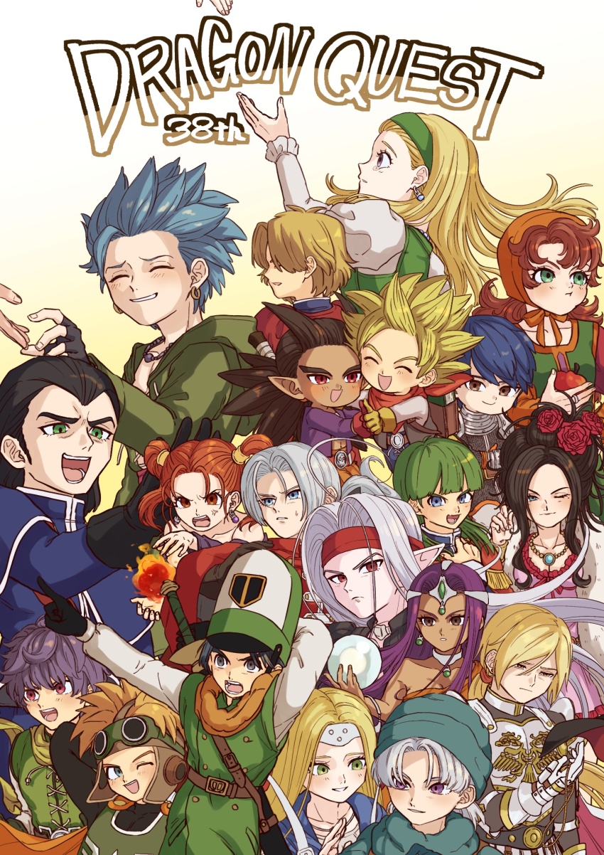 6+boys 6+girls :d amagosi_koto anger_vein anniversary apple aqua_eyes arm_behind_head armor bead_necklace beads black_bodysuit black_eyes black_gloves black_hair blonde_hair blue_capelet blue_hair blunt_bangs bodysuit bonnet breasts brother_and_sister brothers brown_eyes brown_hair buttons camus_(dq11) cape capelet chainmail circlet cleavage clift commentary_request copyright_name dark-skinned_female dark-skinned_male dark_skin deborah_(dq5) demon_boy double-breasted dragon_quest dragon_quest_builders_2 dragon_quest_heroes_ii dragon_quest_ii dragon_quest_iv dragon_quest_v dragon_quest_vi dragon_quest_vii dragon_quest_viii dragon_quest_xi dress earrings everyone fingerless_gloves fire floating_hair flower food forehead_jewel fruit gem gloves goggles gold_earrings gradient_background green_eyes green_gemstone green_hair green_hairband green_tabard green_tunic hair_flower hair_horns hair_ornament hair_pulled_back hair_slicked_back hairband hand_on_another&#039;s_hand hat henry_(dq5) highres holding holding_food holding_fruit homeros_(dq11) hoop_earrings in-franchise_crossover jessica_albert jewelry juliet_sleeves kiefer kukuru_(dq8) long_hair long_sleeves low_ponytail male_builder_(dqb2) marcello maribel_(dq7) minea_(dq4) mireyu mitre multiple_boys multiple_girls necklace one_eye_closed open_mouth orange_cape orange_dress orange_hair parted_hair pink_dress pisaro pointy_ears ponytail prince prince_of_samantoria profile puffy_sleeves purple_eyes purple_hair pyrokinesis razel red_capelet red_eyes red_flower red_gloves red_rose rick_(dqb2) rose senya_(dq11) short_hair siblings sidoh_(dqb2) silver_circlet single-shoulder_dress skull_belt smile sphere_earrings spiked_hair sweatdrop tabard tears terry_(dq6) tunic twintails white_armor white_hair widow&#039;s_peak yellow_bonnet yellow_eyes yellow_gloves