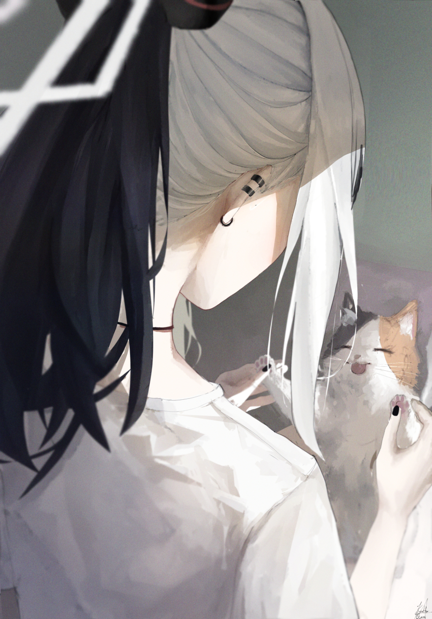 1girl absurdres black_hair black_nails blue_archive calico cat earclip earrings from_behind halo highres jewelry kayoko_(blue_archive) kyatto-mikazu multicolored_hair ponytail shirt solo two-tone_hair white_hair white_halo white_shirt