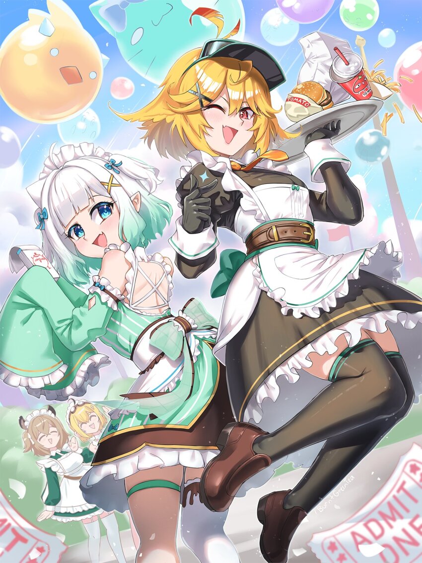 4girls :d ^_^ alternate_costume animal_ears apron aqua_dress aqua_hair back_bow belt black_dress black_gloves black_thighhighs blonde_hair blue_eyes bow brown_belt brown_hair brown_shoes burnt_green_tea closed_eyes commentary dokibird_(vtuber) dokibird_(vtuber)_(bounty_hunter) dokibird_(vtuber)_(tomato) dooby_(vtuber) dragoon_(dokibird) dress english_commentary food frills full_body gloves goggles goggles_on_head gradient_hair green_dress hair_ornament hairclip highres holding holding_food holding_notepad indie_virtual_youtuber looking_at_viewer maid_headdress medium_hair mint_fantome mint_fantome_(minto_2.0) multicolored_hair multiple_girls necktie nimi_nightmare notepad open_mouth orange_necktie pointy_ears red_eyes shoes single_thighhigh sleeves_past_wrists smile thighhighs ticket triangular_headpiece two_side_up virtual_youtuber white_apron white_hair white_thighhighs wisps_(mint_fantome)