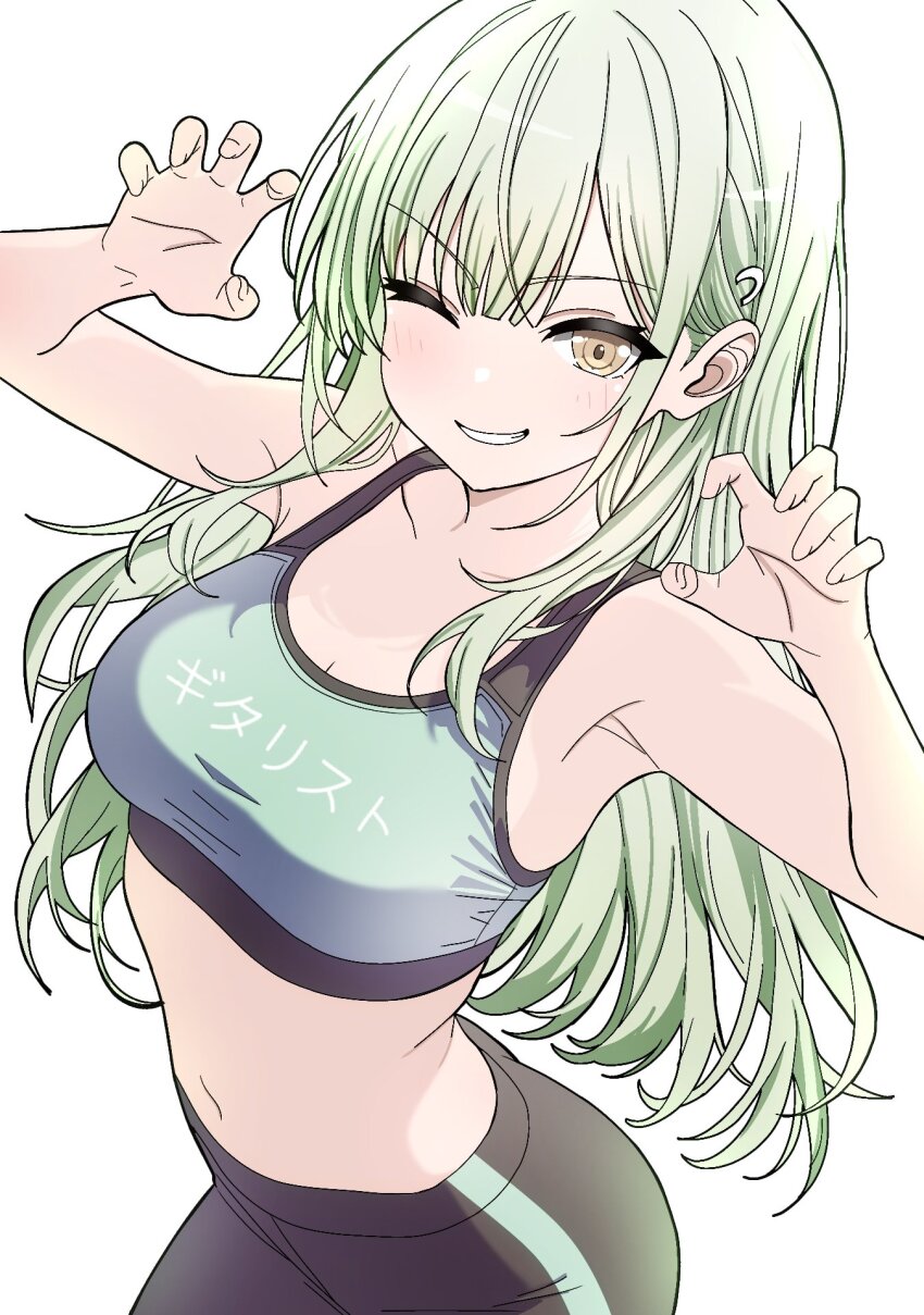 1girl bang_dream! bang_dream!_it&#039;s_mygo!!!!! black_pants blonde_hair blush breasts claw_pose cleavage commentary english_commentary green_hair hair_ornament hairclip highres izami_md long_hair looking_at_viewer medium_breasts mortis_(bang_dream!) mortis_(persona)_(bang_dream!) navel one_eye_closed open_mouth pants simple_background solo sports_bra stomach translated wakaba_mutsumi white_background yoga_pants