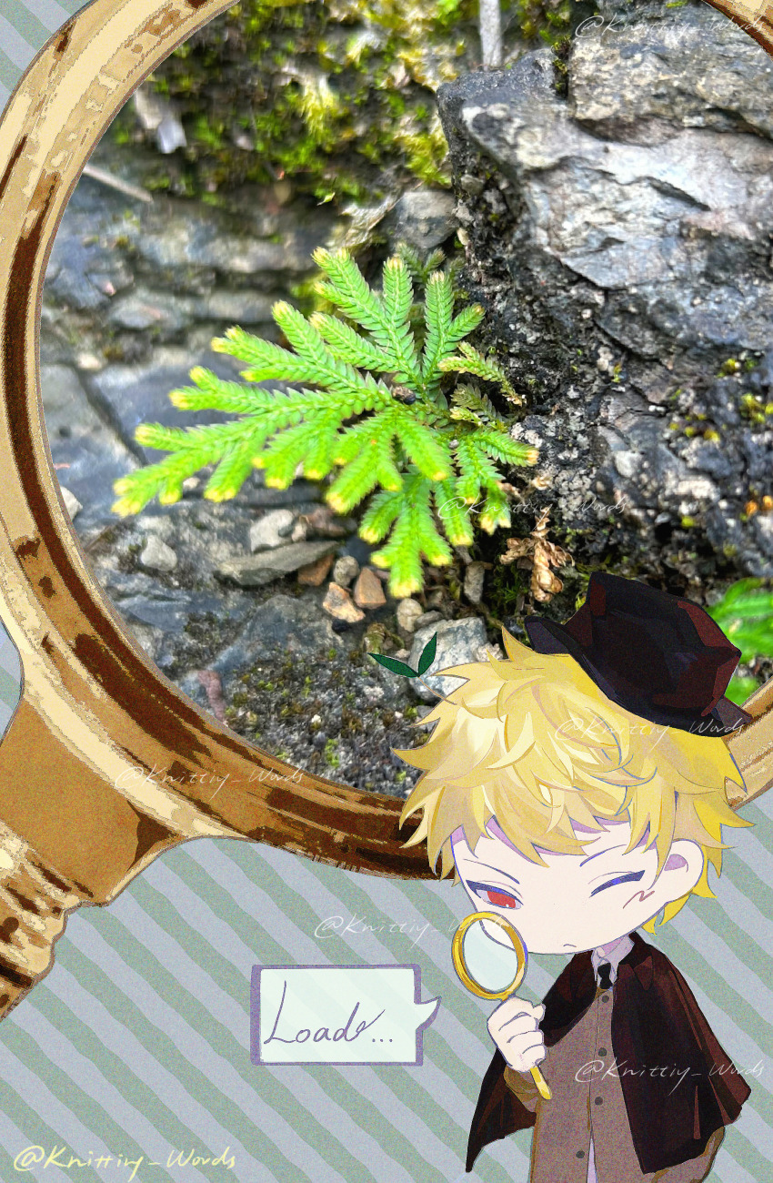 1boy absurdres alternate_costume atou_haruki blonde_hair brown_capelet brown_hat brown_jacket capelet closed_mouth collared_shirt deformed detective hat highres holding holding_magnifying_glass jacket long_sleeves magnifying_glass male_focus one_eye_closed photo_inset red_eyes saibou_shinkyoku shirt short_hair solo white_shirt zhiyanpianyu55126