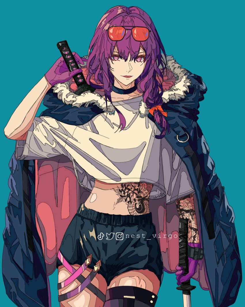 1girl arm_tattoo blue_background choker crop_top dual_wielding eyewear_on_head fur_trim highres holding honkai:_star_rail honkai_(series) hood jacket kafka_(honkai:_star_rail) katana looking_at_viewer midriff nest_virgo open_clothes open_jacket pink_eyes pink_lips purple_hair shorts signature smile solo stomach_tattoo sword tattoo weapon