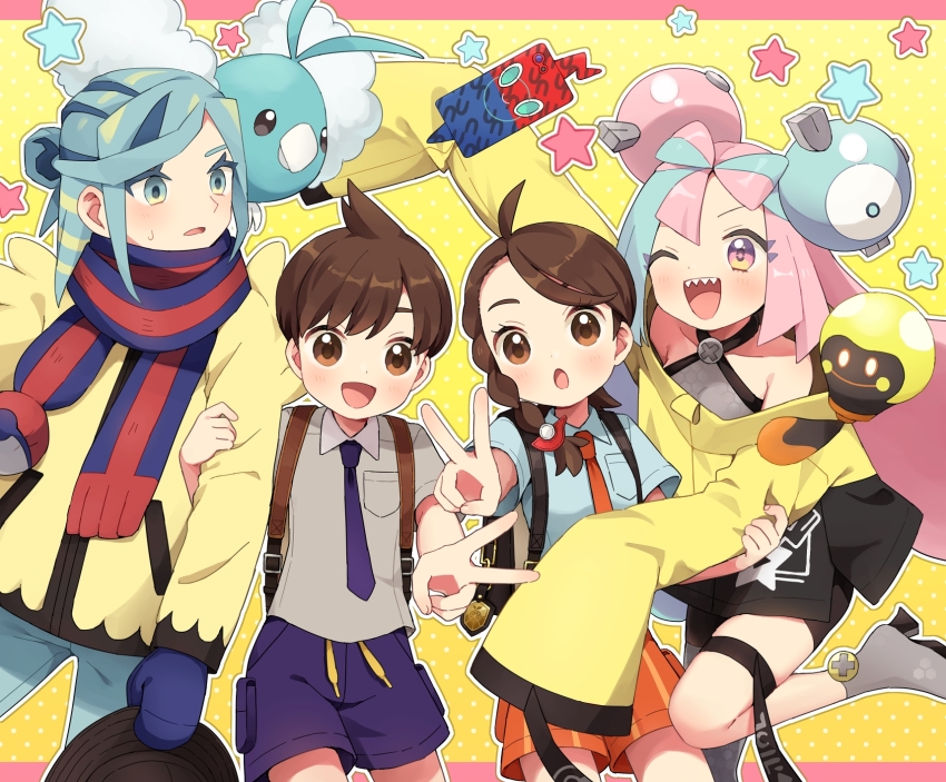 2boys 2girls aqua_eyes florian_(pokemon) gen_3_pokemon gen_4_pokemon grusha_(pokemon) hat highres holding holding_unworn_clothes holding_unworn_hat iono_(pokemon) juliana_(pokemon) multiple_boys multiple_girls nintendo one_eye_closed pink_eyes pokemon pokemon_sv rii_(pixiv11152329) rotom rotom_phone scarf striped_clothes striped_scarf swablu tadbulb unworn_hat unworn_headwear