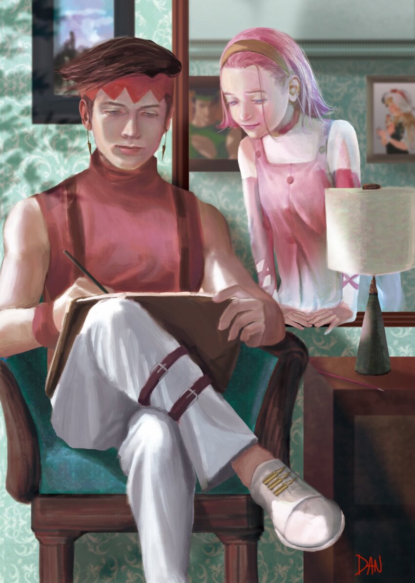 1boy 1girl black_hair commentary_request danart14020 diamond_wa_kudakenai drawing drawing_(object) dress ghost headband highres holding holding_pencil indoors jewelry jojo_no_kimyou_na_bouken kishibe_rohan lamp mirror pants pencil pink_dress pink_hair realistic shoes short_hair sitting smile sugimoto_reimi suspenders white_pants