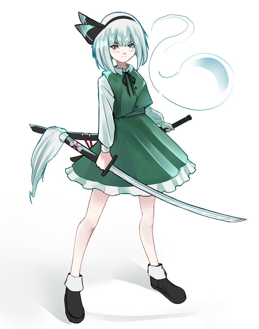 1girl 4rdilla absurdres black_hairband commentary dress frilled_dress frills full_body green_dress hairband highres holding holding_sword holding_weapon katana konpaku_youmu konpaku_youmu_(ghost) looking_at_viewer sheath short_hair simple_background standing sword touhou weapon white_background white_hair