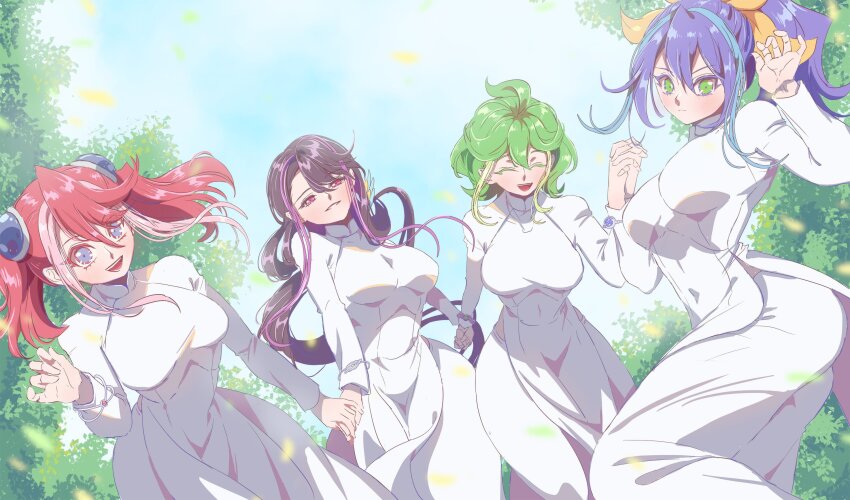 4girls blue_eyes blue_hair bracelet_girls breasts closed_eyes cowboy_shot dress green_eyes green_hair group_picture half-closed_eyes high_ponytail highres hiiragi_yuzu holding_hands interlocked_fingers kurosaki_ruri long_hair medium_breasts multiple_girls outdoors pink_hair ponytail purple_eyes purple_hair rin_(yu-gi-oh!) serena_(yu-gi-oh!) short_hair twintails white_dress yu-gi-oh! yu-gi-oh!_arc-v zackpyo