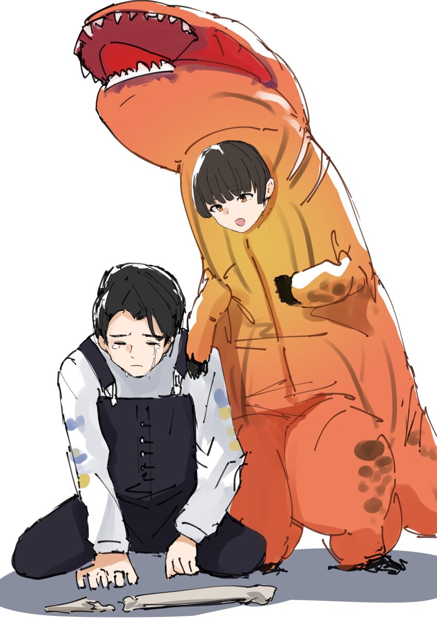 2boys absurdres akuse_jou bakuage_sentai_boonboomger black_hair black_overalls bone costume crying cycloneactionx dinosaur_costume dinosaur_tail fossil highres multiple_boys overalls sad shirt short_hair simple_background super_sentai tail tears tokusatsu white_background white_shirt