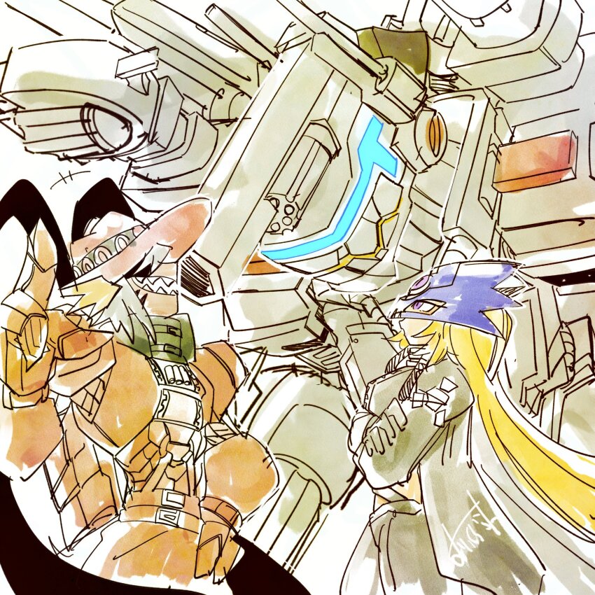 96uni69 beelstarmon belt cowboy_hat digimon digimon_(creature) dragon gun gundramon handgun hat long_hair magnakidmon mask revolver robot third_eye three_musketeers_(digimon) weapon