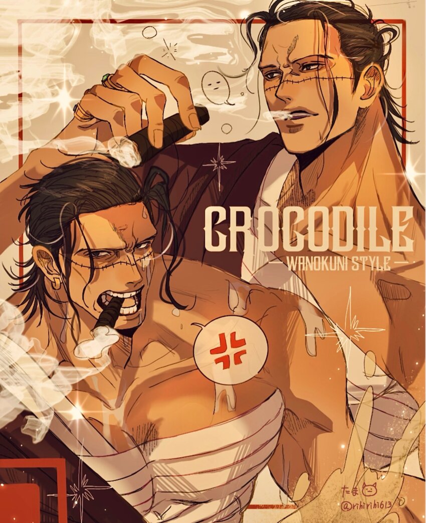 1boy anger_vein bandaged_chest bara character_name cigar commentary crocodile_(one_piece) earrings hair_slicked_back hashtag-only_commentary highres holding holding_cigar jewelry male_focus multiple_views one_piece rihirihi613 ring sand smoke sparkle spoken_anger_vein stitched_face stitches symbol-only_commentary twitter_username