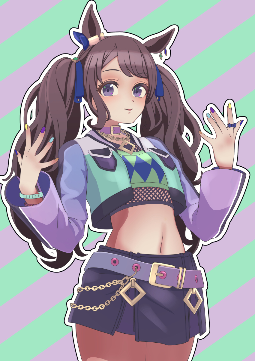 1girl absurdres akuminosan animal_ears belt belt_collar blush bracelet breasts brown_hair choker collar commentary cowboy_shot crop_top diagonal-striped_background ear_ornament ear_piercing highres horse_ears horse_girl horse_tail jewelry long_hair long_sleeves looking_at_viewer medium_breasts midriff multicolored_nails navel piercing purple_belt purple_choker purple_eyes smile solo striped_background tail tosen_jordan_(umamusume) twintails umamusume white_background