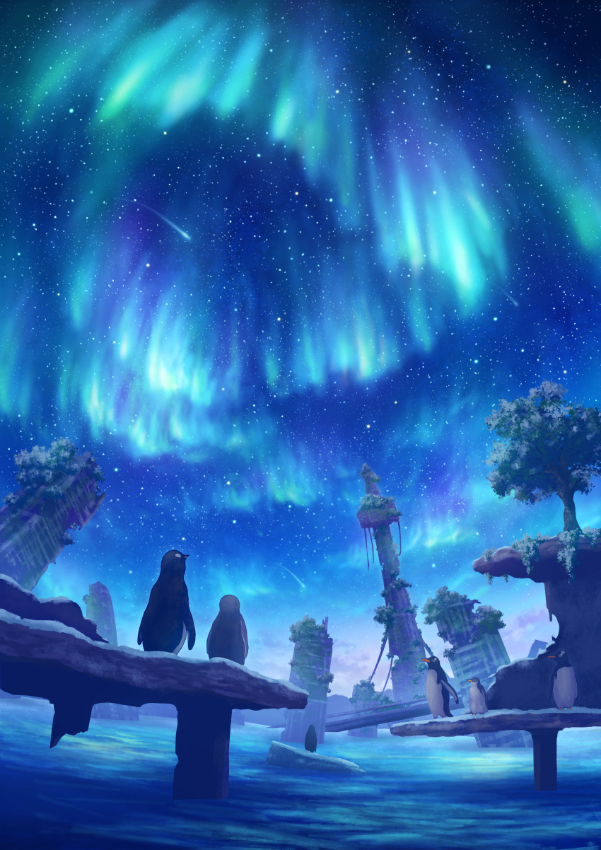abandoned absurdres au_ito aurora bird blue_theme building city cityscape commentary_request flood highres night night_sky no_humans ocean original overgrown penguin post-apocalypse ruins scenery shooting_star sky sky_focus skyscraper star_(sky) starry_sky tree water