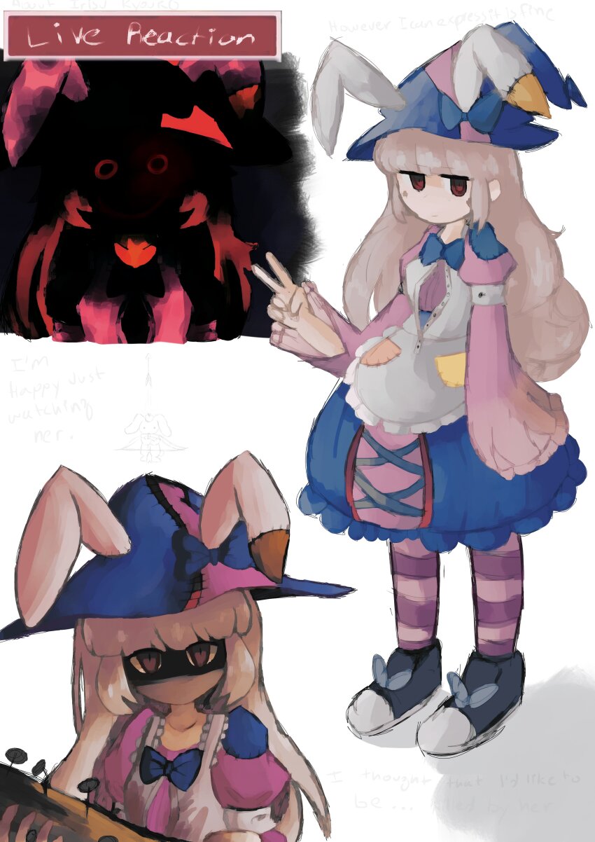 1girl absurdres animal_ears apron baseball_bat blue_bow blue_bowtie blue_headwear bow bowtie closed_mouth commentary dress english_commentary english_text frills full_body hat hat_bow highres holding holding_baseball_bat iesonatana irisu_kyouko irisu_shoukougun! jitome live_tucker_reaction_(meme) long_hair long_sleeves looking_at_viewer meme multiple_views nail_(hardware) nail_bat patch pink_thighhighs purple_thighhighs rabbit_ears red_eyes shaded_face simple_background sleeves_past_fingers sleeves_past_wrists standing striped_clothes striped_thighhighs thighhighs two-tone_thighhighs upper_body v white_background white_hair wide_sleeves witch_hat