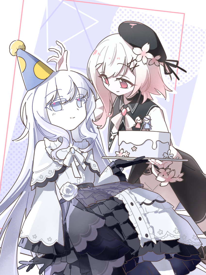 2girls beret birthday_cake black_gloves black_hat blue_eyes cake cherry_blossoms chinese_commentary closed_mouth commentary_request commission dress feet_out_of_frame flower food frilled_dress frilled_sleeves frills gloves hair_flower hair_ornament hat highres holding holding_plate long_hair long_sleeves looking_at_another looking_at_viewer mahou_shoujo_no_majo_saiban multiple_girls party_hat pink_eyes plate rose sakuraba_ema shilizi sitting smile tsukishiro_yuki white_flower white_hair white_rose x_hair_ornament