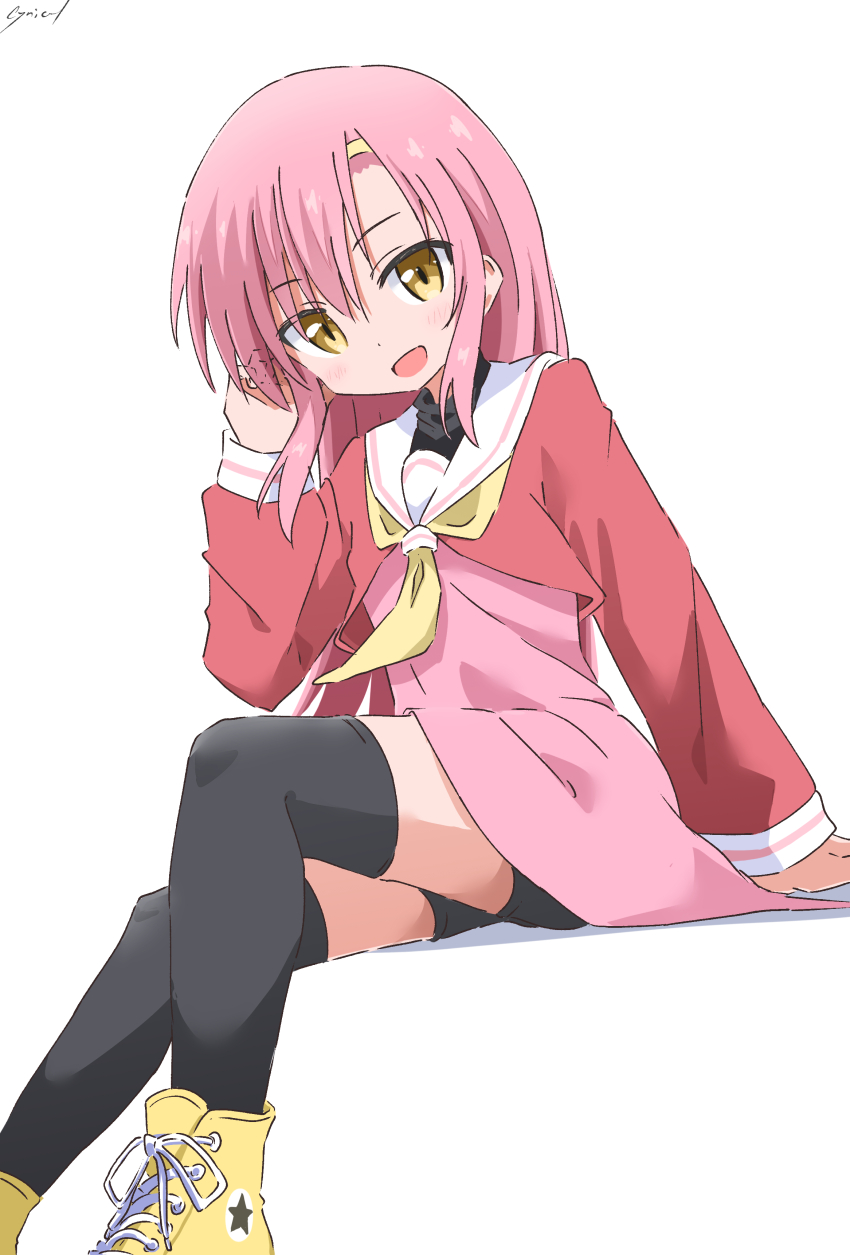 1girl :d absurdres bike_shorts bike_shorts_under_skirt black_shirt black_thighhighs blush commentary converse cynical_(llcbluckg_c004) dress hairband hakuo_school_uniform hand_up happy hayate_no_gotoku! highres invisible_chair jacket katsura_hinagiku long_hair long_sleeves looking_at_viewer neckerchief open_mouth pink_dress pink_hair pink_jacket sailor_collar school_uniform shirt shoes signature simple_background sitting smile sneakers solo thighhighs undershirt white_background white_sailor_collar yellow_eyes yellow_hairband yellow_neckerchief yellow_shoes