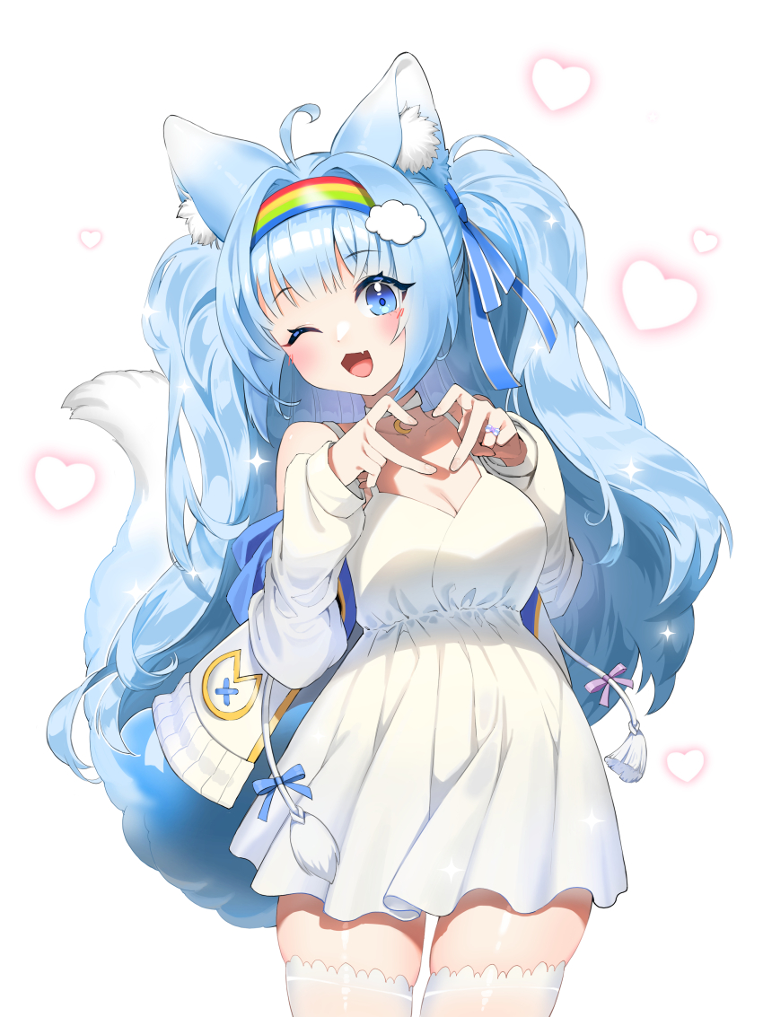 1girl absurdres ahoge animal_ears bare_shoulders blue_eyes blue_hair breasts choker cleavage commission cowboy_shot drawstring dress fang fox_ears fox_girl fox_tail guamon hair_ribbon hairband hands_up heart heart_hands highres jacket jewelry long_hair long_sleeves looking_at_viewer medium_breasts off_shoulder one_eye_closed open_clothes open_jacket open_mouth original rainbow_hairband ribbon ring short_dress simple_background skindentation sleeveless sleeveless_dress smile solo sora_(isolet_sdvx) spaghetti_strap tail tail_raised thighhighs thighs two_side_up white_background white_choker white_dress white_jacket white_thighhighs zettai_ryouiki
