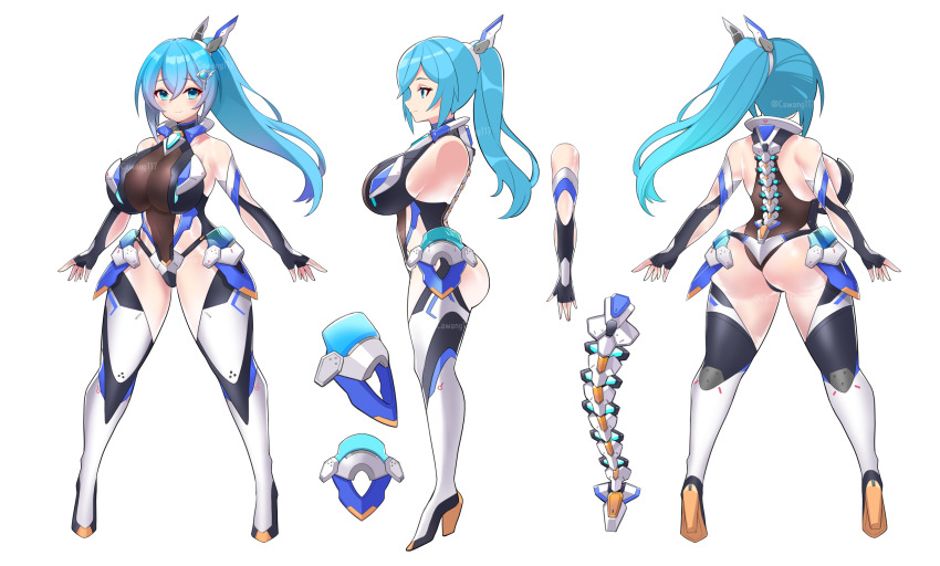 1girl ass bare_shoulders black_gloves blue_eyes blue_hair boots breasts cawang choker cleavage covered_navel detached_sleeves elbow_gloves fingerless_gloves gloves hair_ornament hairclip high_heel_boots high_heels highres huge_ass huge_breasts large_breasts leotard long_hair looking_at_viewer mechanical_spine multiple_views navel ortina_lillibel_(yashiro_sousaku) ponytail see-through_clothes thigh_boots thighhighs thighs watermark