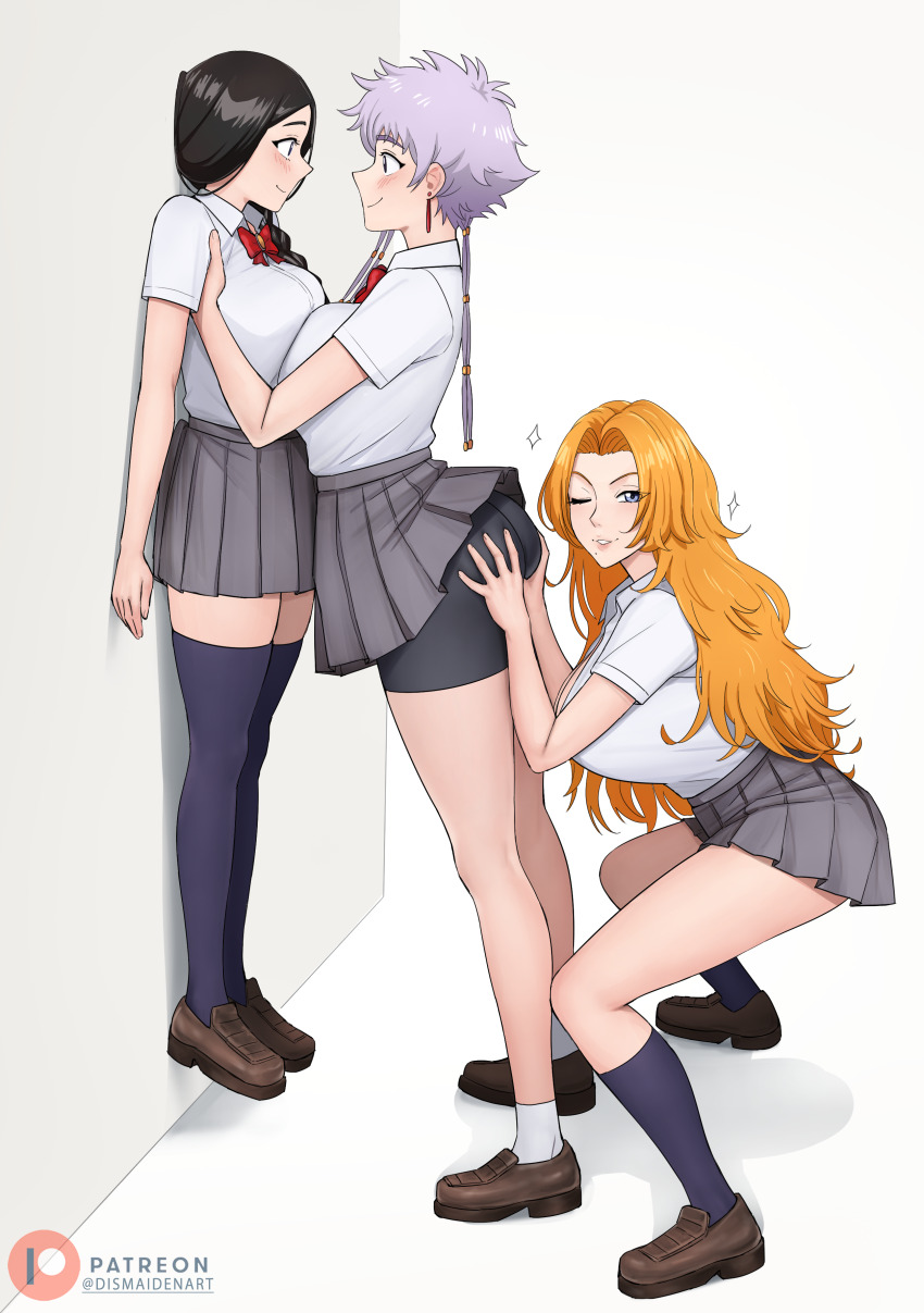 3girls absurdres ass bike_shorts bike_shorts_under_skirt black_hair black_shorts bleach bleach:_sennen_kessen-hen breast_press breasts dismaiden grabbing_another&#039;s_ass grey_hair groping height_difference highres kotetsu_isane large_breasts lauren_phillips_lifting_alice_merchesi_(meme) long_hair matsumoto_rangiku meme multiple_girls pleated_skirt school_uniform short_hair short_hair_with_long_locks shorts shorts_under_skirt skirt symmetrical_docking unohana_retsu yuri