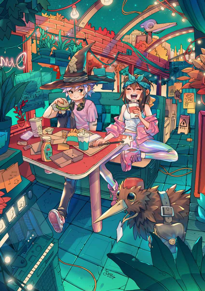 1boy 1girl aqua_bandana artist_name bag bandaid bandaid_on_arm bird black_headphones black_pants blush booth_seating boots brown_hair burger cable cellphone city_lights closed_eyes closed_mouth commentary cup dated diner disposable_cup drinking fez_hat food french_fries headphones headphones_around_neck highres holding holding_burger holding_cup holding_food holding_wand indoors jacket jukebox kiwi_(bird) knee_up lanyard laughing long_hair multicolored_pants name_tag neon_sign original pants phone pink_boots pink_jacket pink_shirt plant poster_(object) potted_plant satchel shirt simz sky skylight skyline sleeveless sleeveless_shirt smartphone socks star_(sky) star_wand starry_sky string_of_light_bulbs table takeout_container teeth tile_floor tiles tray upper_teeth_only wand wet_floor_sign white_shirt white_socks