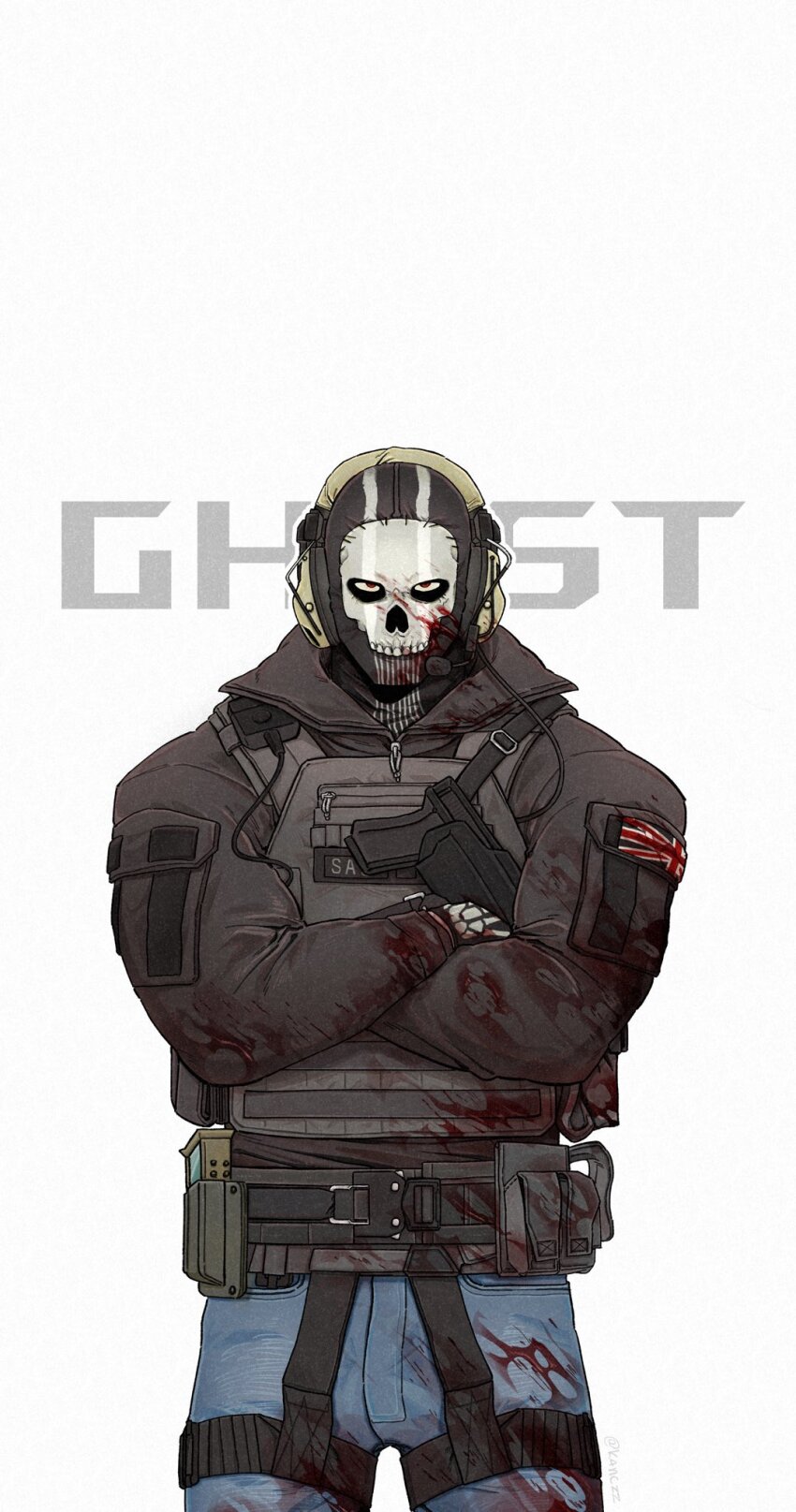1boy balaclava belt black_jacket blood blood_on_clothes blood_on_mask blue_pants bulletproof_vest call_of_duty call_of_duty:_modern_warfare_2 character_name collared_jacket commentary cowboy_shot denim english_commentary ghost_(modern_warfare_2) gloves gun headphones headset highres holstered jacket jeans k4nczz long_sleeves looking_at_viewer male_focus mask military_combat_uniform military_uniform negative_space pants pouch red_eyes sanpaku shoulder_pouch skeleton_print skull_mask solo standing straight-on thigh_pouch union_jack vest weapon white_background