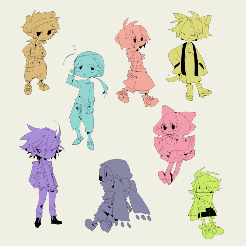 1girl 6+boys :o ^_^ animal_ears ankle_socks antenna_hair aqua_theme arms_behind_back asymmetrical_hair baggy_pants blue_theme blush_stickers boots bow buttons cargo_shorts cat_ears cat_tail chuchu_(kirby) closed_eyes closed_mouth collared_shirt commentary_request coo_(kirby) eyelashes fins floating_clothes frills fringe_trim from_behind full_body geta gooey_(kirby) green_theme grey_background hair_between_eyes hair_bow hakama hakama_skirt hamster_ears hand_in_pocket hand_on_own_head haori head_fins headband higa423 highres hood hood_down hooded_jacket jacket japanese_clothes kimono kine_(kirby) kirby kirby&#039;s_dream_land_3 kirby_(series) looking_at_viewer looking_back low_ponytail miniskirt motion_lines multiple_boys multiple_monochrome nago_(kirby) nintendo open_clothes open_jacket open_mouth open_shirt orange_theme pants parted_lips personification pink_theme pitch_(kirby) poncho ponytail puffy_short_sleeves puffy_sleeves purple_theme rick_(kirby) scarf shirt shoes short_hair short_kimono short_sleeves shorts simple_background skirt smile sneakers socks solid_oval_eyes squeans sweatpants tabi tail tank_top yellow_theme