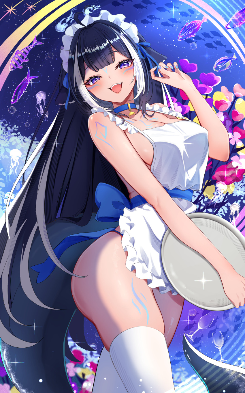 1girl absurdres apron arm_tattoo bare_shoulders blue_bow blue_choker blue_hair blush bow breasts choker cleavage fish flower highres holding holding_tray indie_virtual_youtuber large_breasts leg_tattoo long_hair looking_at_viewer maid_headdress naked_apron nohanenoe open_mouth purple_eyes shylily sideboob sky smile solo star_(sky) starry_sky tattoo thighhighs tray virtual_youtuber waitress white_hair white_thighhighs