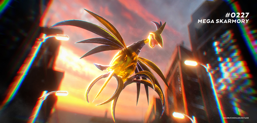 3d artist_name blurry blurry_background building celebi350300687 character_name chromatic_aberration cinema_4d_(medium) city cloud commentary_request flying full_body gen_2_pokemon gold_skin highres lamppost mega_pokemon mega_skarmory metal_skin nintendo no_humans open_mouth outdoors pokedex_number pokemon pokemon_(creature) pokemon_focus skarmory sky solo talons