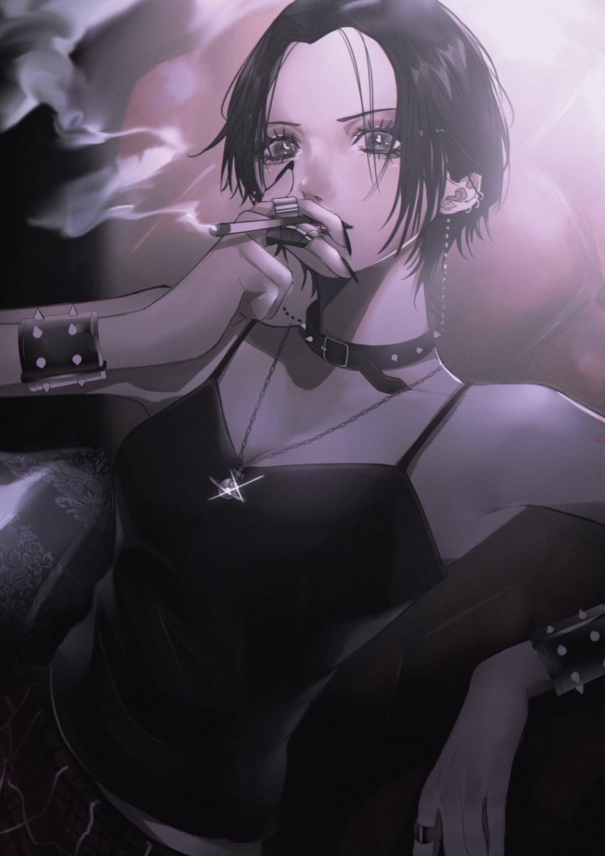 1girl absurdres aegyo_sal bare_shoulders belt_collar black_collar black_hair black_nails black_tank_top bracelet breasts chain chain_earrings chair cigarette cleavage collar collarbone ear_piercing elbow_rest eyelashes fingernails grey_eyes highres holding holding_cigarette jewelry long_fingernails mano_aaa medium_breasts multiple_rings nana_(series) nose on_chair osaki_nana parted_bangs piercing plaid_clothes plaid_skirt planet_necklace punk red_skirt ring short_hair sitting skirt smoke smoke_trail smoking solo spiked_bracelet spiked_collar spikes tank_top upper_body vivienne_westwood