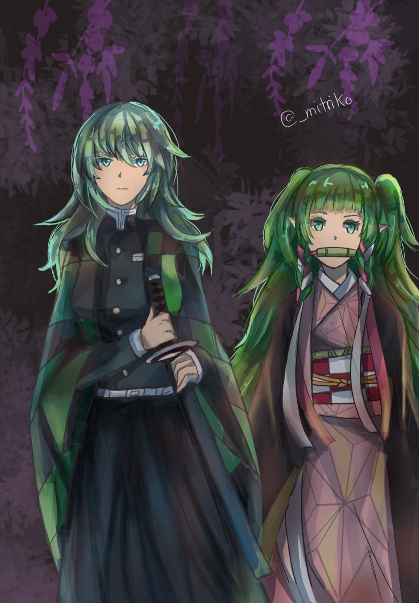 2girls bamboo bit_gag braid female_byleth_(fire_emblem) checkered_sash closed_mouth colored_eyelashes cosplay cropped_legs fire_emblem fire_emblem:_three_houses flower gag gagged gagged_(willingly) green_eyes green_hair hair_ornament hakama hakama_skirt hand_on_sheath haori highres hime_cut holding holding_sword holding_weapon japanese_clothes kamado_nezuko kamado_nezuko_(cosplay) kamado_tanjirou kamado_tanjirou_(cosplay) katana kimetsu_no_yaiba kimono long_hair messy_hair mitriko multiple_girls nintendo pointy_ears ribbon skirt sothis_(fire_emblem) sword twin_braids twintails twitter_username very_long_hair weapon wisteria