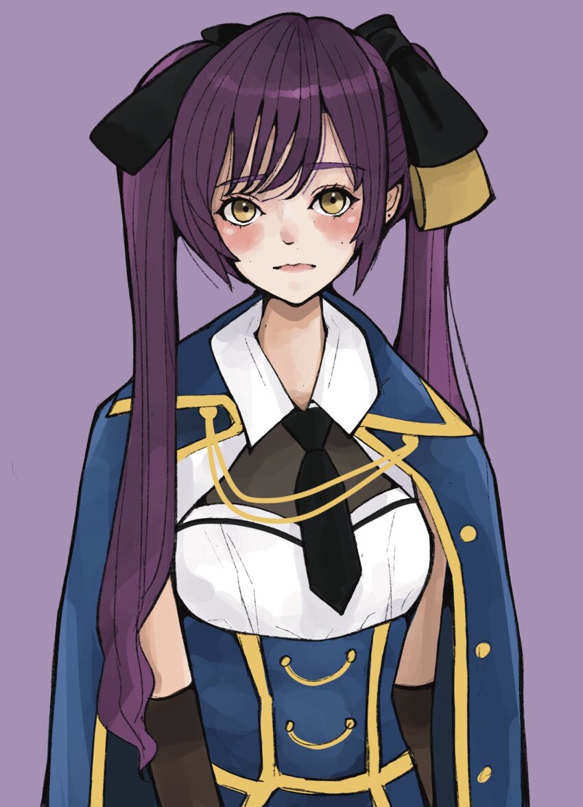 1girl arms_at_sides assault_lily black_ribbon blue_cloak blue_shirt blush brown_gloves buttons cloak closed_mouth collared_shirt commentary_request earrings elbow_gloves gloves hair_ribbon highres hishida_haru jewelry long_hair looking_at_viewer mole mole_on_cheek necktie odaiba_girls_high_school_uniform purple_background purple_hair ribbon sally_(allogkk) school_uniform shirt short_necktie simple_background solo standing stud_earrings twintails two-tone_shirt upper_body very_long_hair white_necktie white_shirt yellow_eyes yellow_ribbon