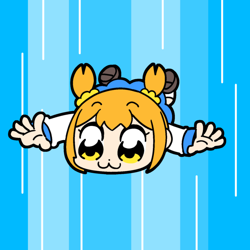 1girl :3 bkub blue_skirt brown_shoes chibi chibi_only closed_mouth commentary_request dot_nose double-parted_bangs falling full_body hair_ornament hair_scrunchie long_sleeves official_art orange_hair poptepipic popuko scrunchie shoes short_hair short_twintails skirt smile socks solo twintails white_socks yellow_eyes yellow_scrunchie