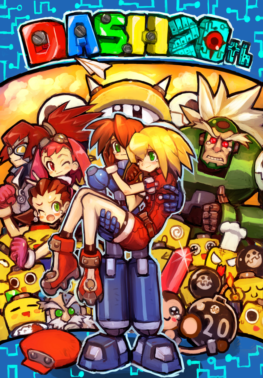 2017 3girls 4boys aero_(mega_man) anniversary barrell_caskett_(mega_man) barrett_(mega_man) beard blonde_hair blush bon_bonne_(mega_man) brown_hair newsboy_cap capcom carrying dakusuta data_(mega_man) earrings facial_hair gloves goggles goggles_on_head green_eyes hat highres jewelry knees_together_feet_apart long_hair mega_man_(series) mega_man_legends_(series) mega_man_legends_3 mega_man_volnutt multiple_boys multiple_girls old old_man pink_hair princess_carry red_eyes red_footwear roll_caskett_(mega_man) servbot_(mega_man) short_hair smile teisel_bonne_(mega_man) tron_bonne_(mega_man) white_hair